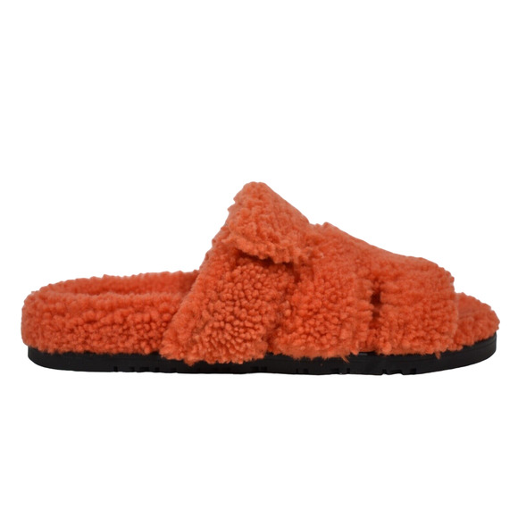 Hermes Chypre Sandal Teddy Shearling Fur Orange H Logo Slide Mule Flat Flip 37.5 - Picture 1 of 12